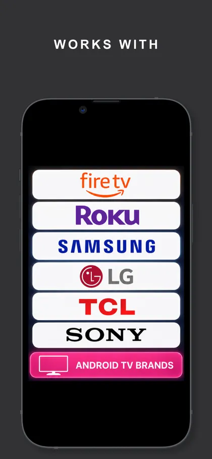 Brand wall from the App Store listing: works with Fire TV, Roku, Samsung, LG, TCL, Sony and Android TV brands