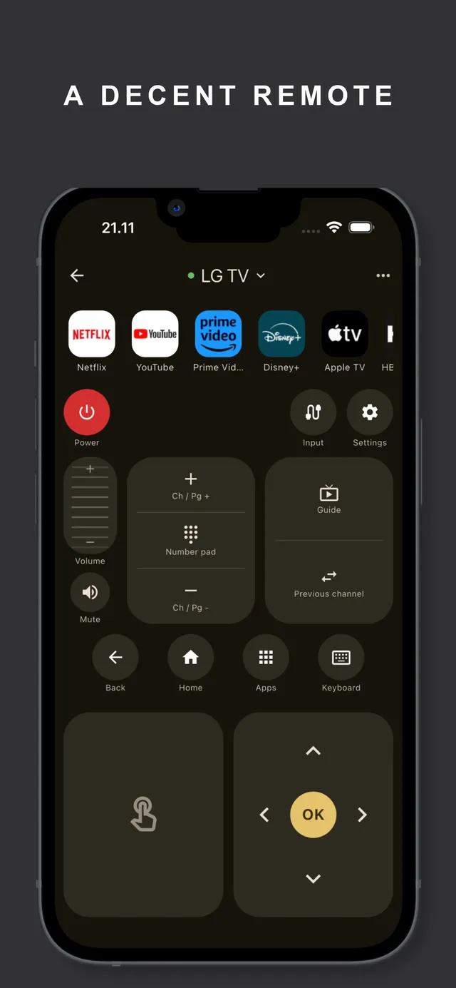 A Decent Remote controlling an LG TV: app shortcuts, volume, d-pad and touchpad on one screen