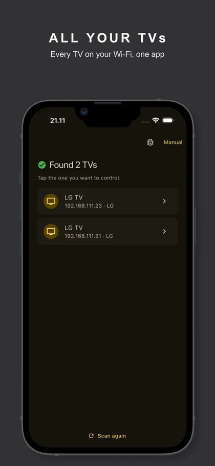 A Decent Remote finding two TVs on the same Wi-Fi automatically