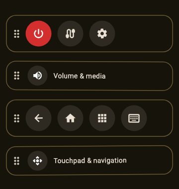 The layout editor in A Decent Remote: rows of buttons with drag handles, volume and touchpad blocks that can be moved anywhere
