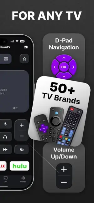 BEGAMOB Universal Remote TV Control App Store screenshot with D-pad and 50+ TV brands callouts