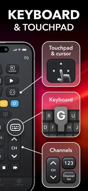 Desidari Universal Remote TV Control App Store screenshot with keyboard and touchpad callouts