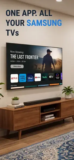 Fiision TV Remote Universal Control App Store screenshot, a rendered living room with a wall-mounted TV