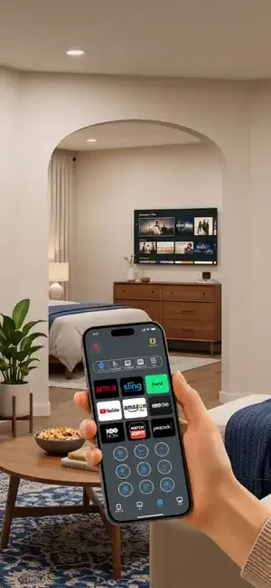 Fiision TV Remote Universal Control App Store screenshot, a hand holding the app in a rendered living room