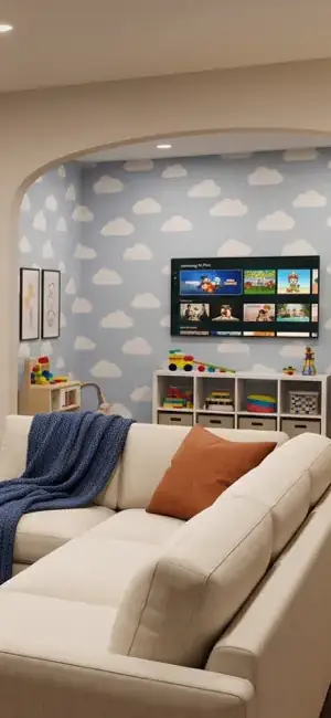 Fiision TV Remote Universal Control App Store screenshot, a rendered children's room with a TV