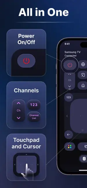 TOGGLE APPS Universal TV Remote Control App Store screenshot with All in One feature callouts around a phone
