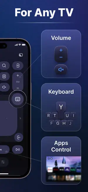 TOGGLE APPS Universal TV Remote Control App Store screenshot with volume, keyboard and apps callouts