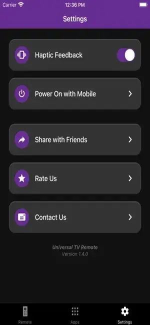 TV Remote Universal by Zap App Store screenshot of the settings screen