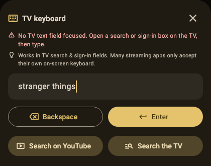 The TV keyboard in A Decent Remote with "stranger things" typed and two buttons: Search on YouTube and Search the TV