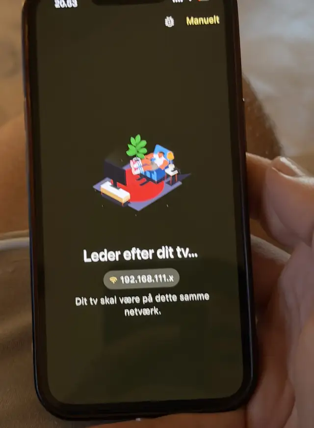 The app scanning for TVs, showing the subnet it is searching and a note that the TV must be on the same network