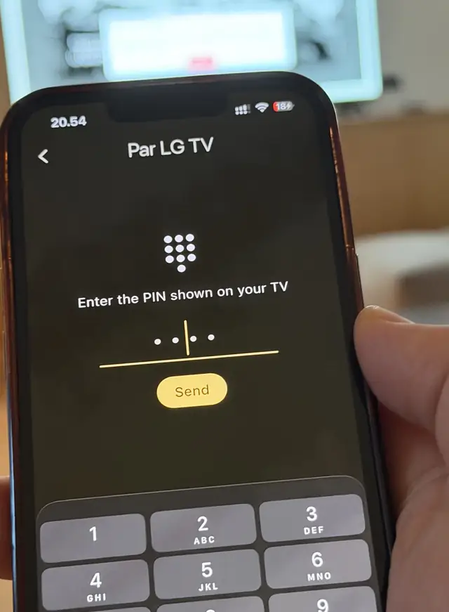The pairing screen in the app asking for the PIN shown on the TV, with a number pad below