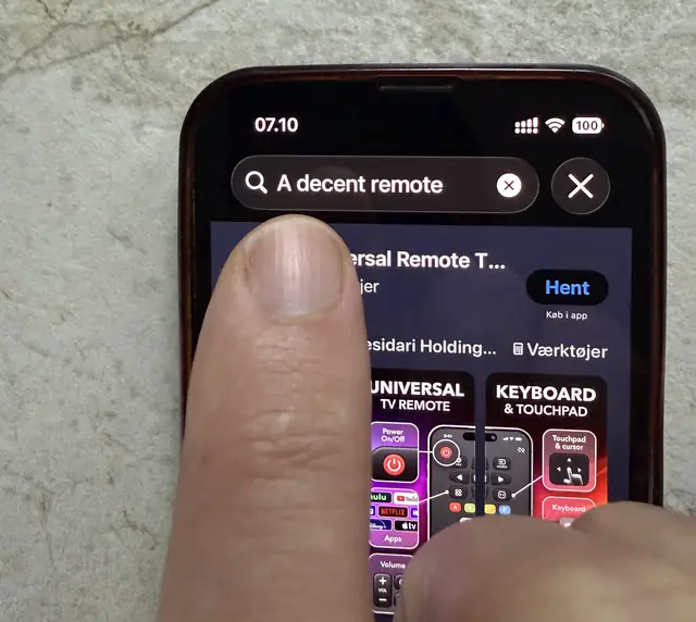 The App Store search field with the words A decent remote typed into it