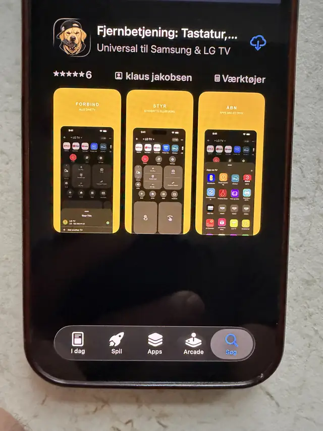 The App Store listing for A Decent Remote, showing the dog icon and three yellow screenshots